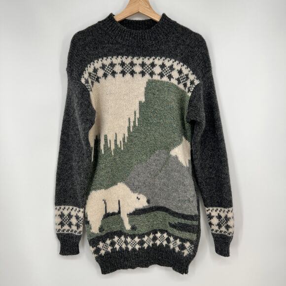 Vtg Mac and Jac Polar Bear Sweater 100% Wool Women S Green Gray Cream Crew Neck - Picture 1 of 10